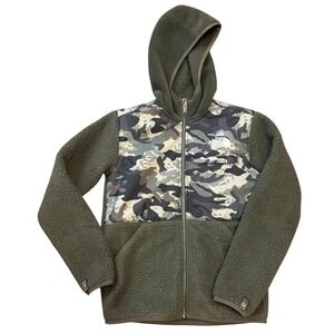 The North Face Boys L 12 Camo Sherpa Fleece Hooded Jacket Olive Green Utility